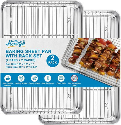 Herogo Stainless Steel Baking Sheet Set - 2 Pans & 2 Racks | 16" x 12" Rectangle, Non-Toxic & Easy Clean