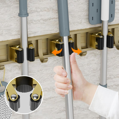 Reliahom Broom Holder - Wall Mount 5 Racks & 4 Hooks | Bronze Mop Storage Organizer for Garage, Kitchen, Garden, Laundry Room
