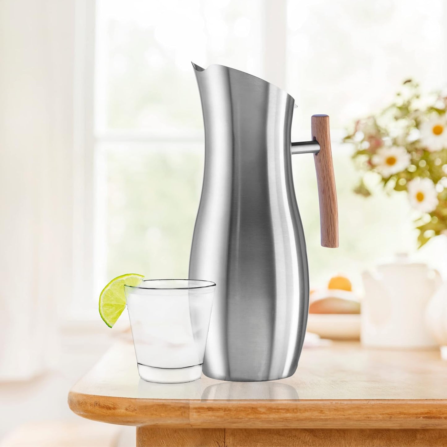 OGGI Slimline Stainless Steel Pitcher- Stainless Steel Water w/Ice Guard, Water Carafe, Great Metal Container for Entertaining, Ideal 68oz / 2 Lt Drink Pitcher
