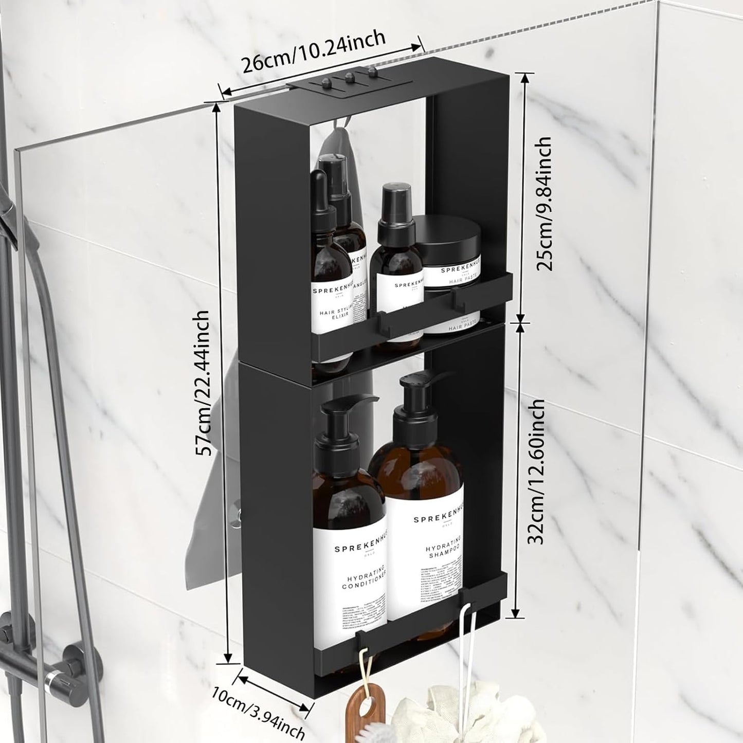 Skiennix Over The Glass Shower Caddy - 2-Tier Rustproof Stainless Steel Organizer | Black with Hooks & Suction Cups