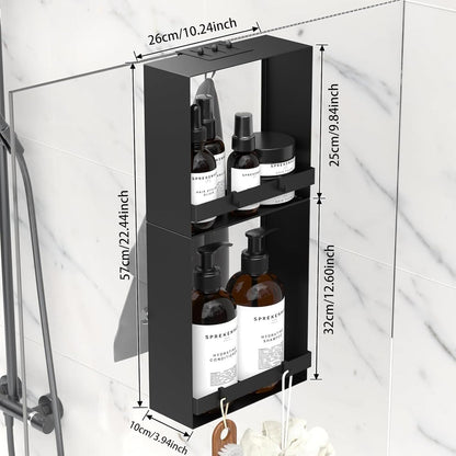 Skiennix Over The Glass Shower Caddy - 2-Tier Rustproof Stainless Steel Organizer | Black with Hooks & Suction Cups