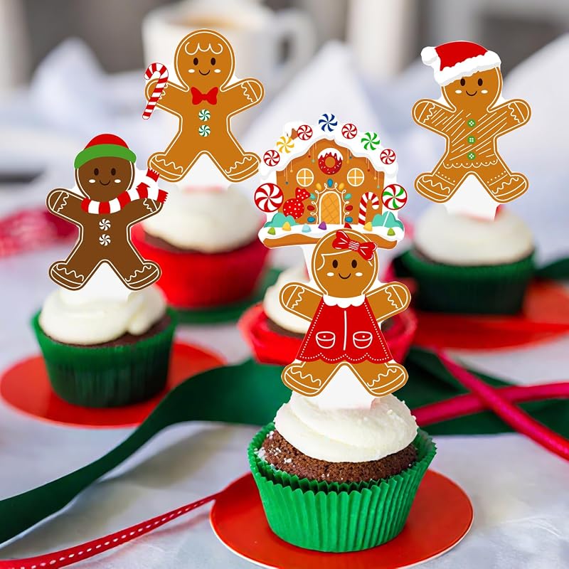 Christmas Gingerbread Cupcake Toppers 48pcs - Santa Hat & Candy Cane Picks