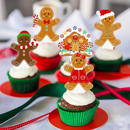Christmas Gingerbread Cupcake Toppers 48pcs - Santa Hat & Candy Cane Picks
