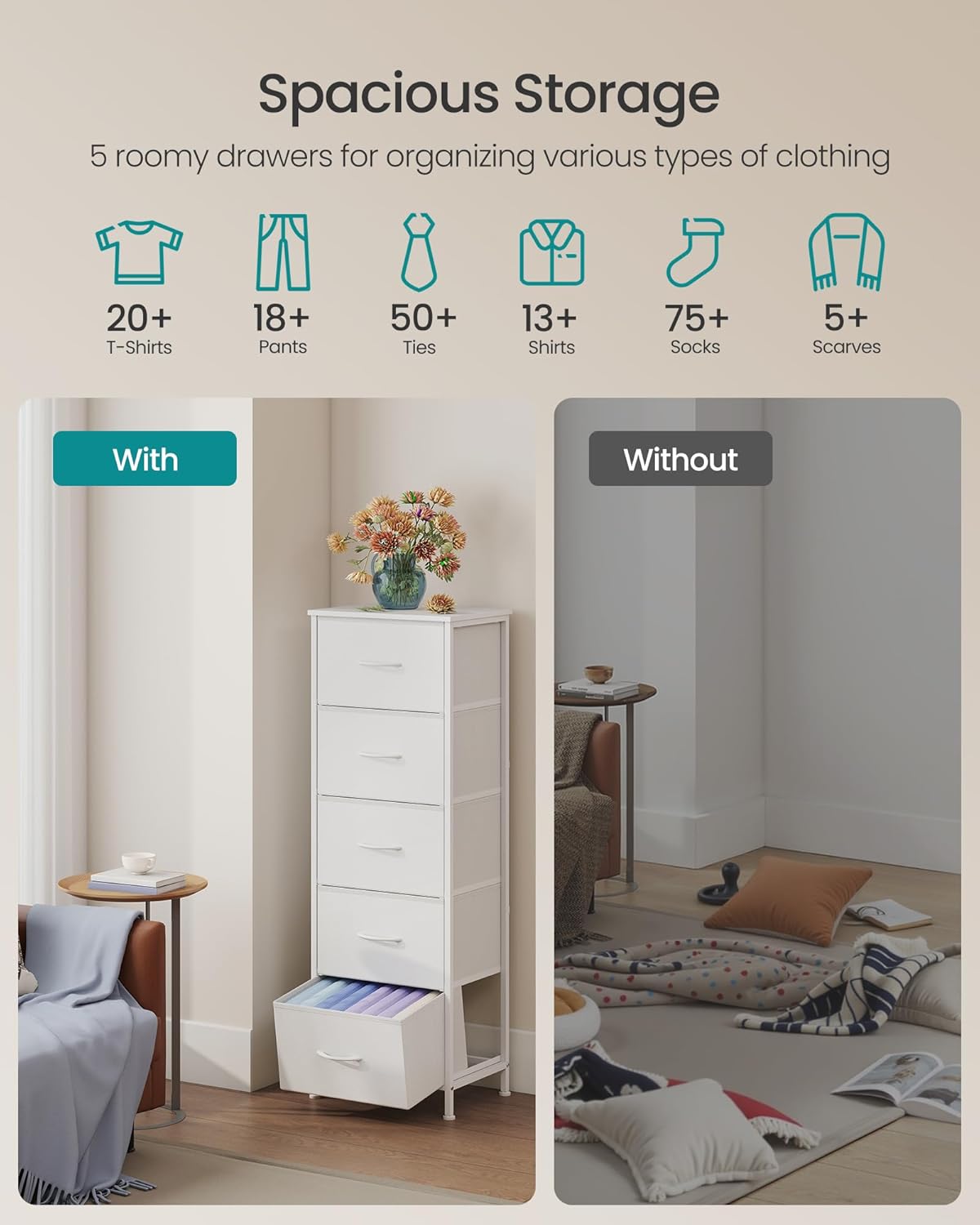 SONGMICS Dresser - 5-Drawer Storage Organizer Unit in Cloud White & Snow White | Stylish Bedroom Chest
