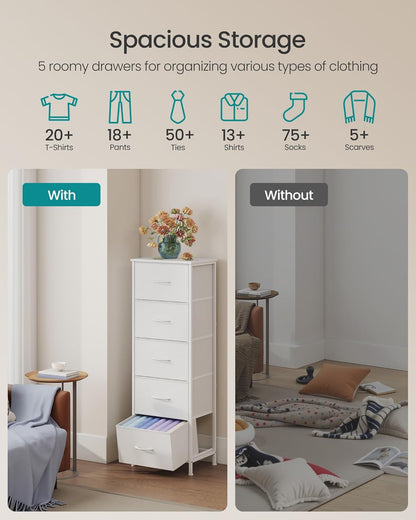 SONGMICS Dresser - 5-Drawer Storage Organizer Unit in Cloud White & Snow White | Stylish Bedroom Chest