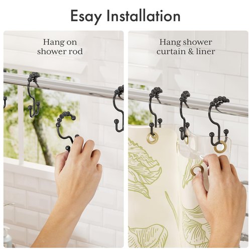 Amazer Plastic Shower Curtain Hooks, Black Shower Curtain Rings, 12Pcs Shower Hooks for Shower Curtain, Double Shower Rings, Bathroom