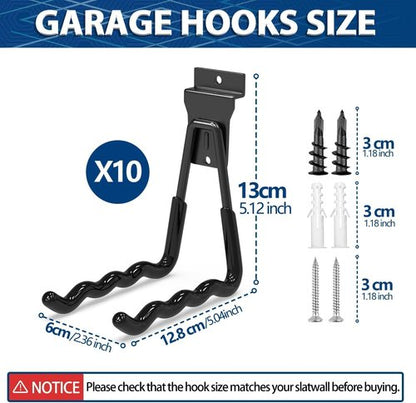 3-H Wave Shape Slatwall Hooks - Heavy Duty Storage Solution for Garden Tools & Garage | 10 Pack (Black)