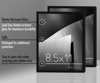 Americanflat 8.5x11 Picture Frame - Shatter-Resistant Glass, Set of 2 - Thin Border for Tabletop & Wall - Black