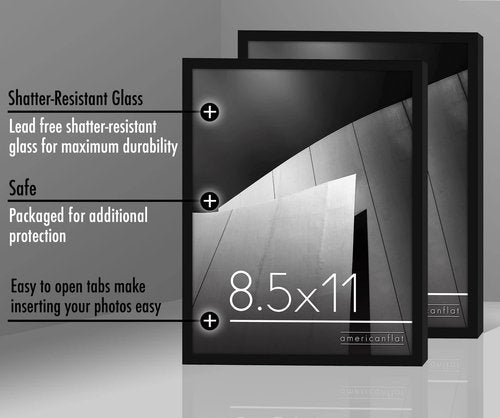 Americanflat 8.5x11 Picture Frame with Shatter-Resistant Glass - Set of 2 - Streamline Collection - Thin Border Photo Frame for Tabletop and Wall - Hanging Hardware and Easel Stand Included - Black