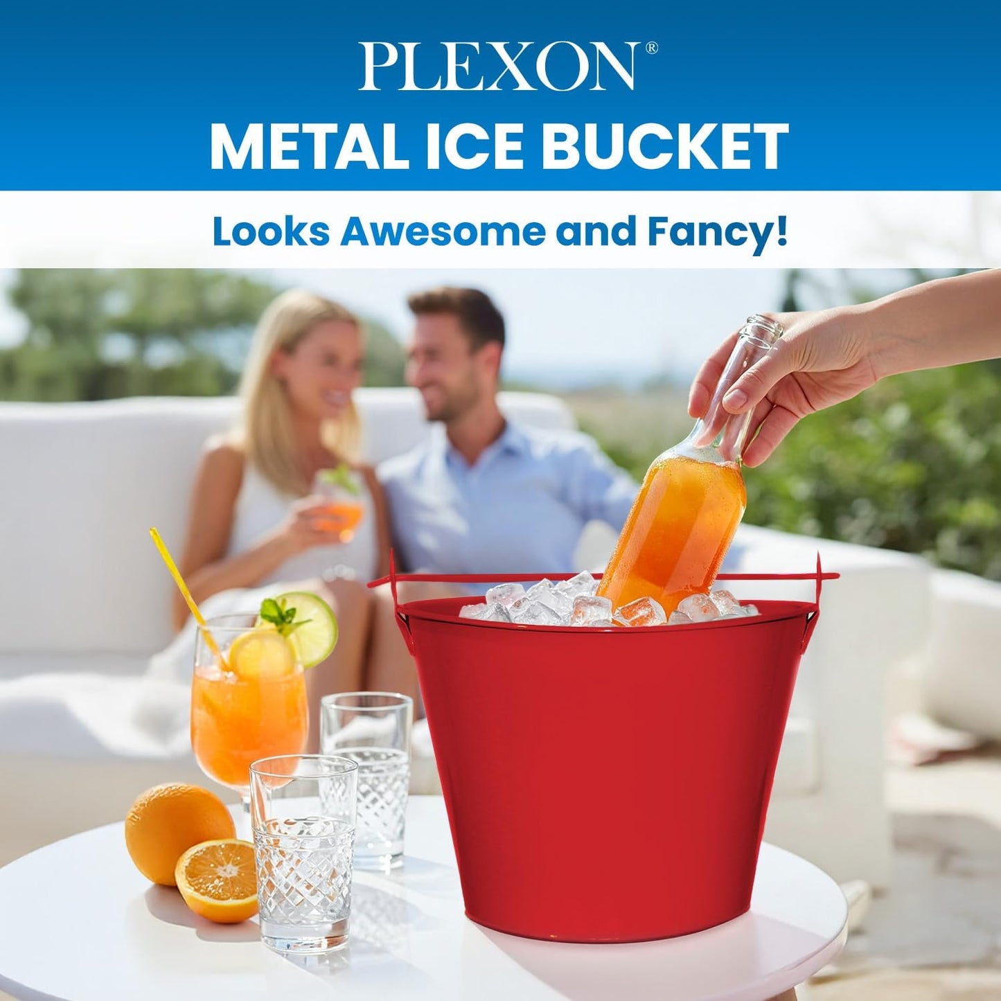PLEXON Metal Ice Bucket for Parties Coctail Bar Restaurant - Drink Beer Champagne Beverage Pail Bucket with Handle for Valentines Day, Galvanized Steel, 1.3 Gallon, Red, Set of 3