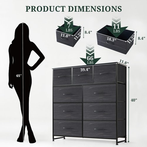 9-Drawer Dresser for Bedroom, Anti-Tip Tall Storage Organizer Chest of Drawers with Wooden Top and Metal Frame Fabric Bins for Closet, Living Room, Hallway, Entryway, Charcoal Black