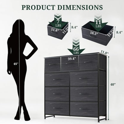 9-Drawer Dresser for Bedroom, Anti-Tip Tall Storage Organizer Chest of Drawers with Wooden Top and Metal Frame Fabric Bins for Closet, Living Room, Hallway, Entryway, Charcoal Black