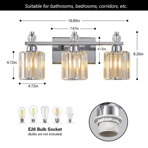 FDPBY Bathroom Vanity Lights 3-Light Chrome Modern Crystal Vanity Light Fixtures Over Mirror Crystal Bathroom Vanity Lighting Fixtures
