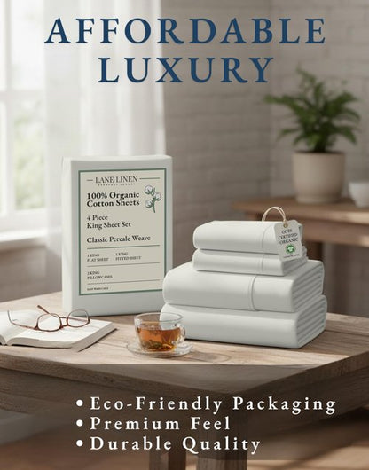 LANE LINEN 100% Organic Cotton King Bed Set, 4-Piece Cotton Bed Sheets, Crisp Percale Weave, Ultra Soft Bedding Sets & Collections, 15" King Size Sheets Deep Pocket Set - Glacier Grey