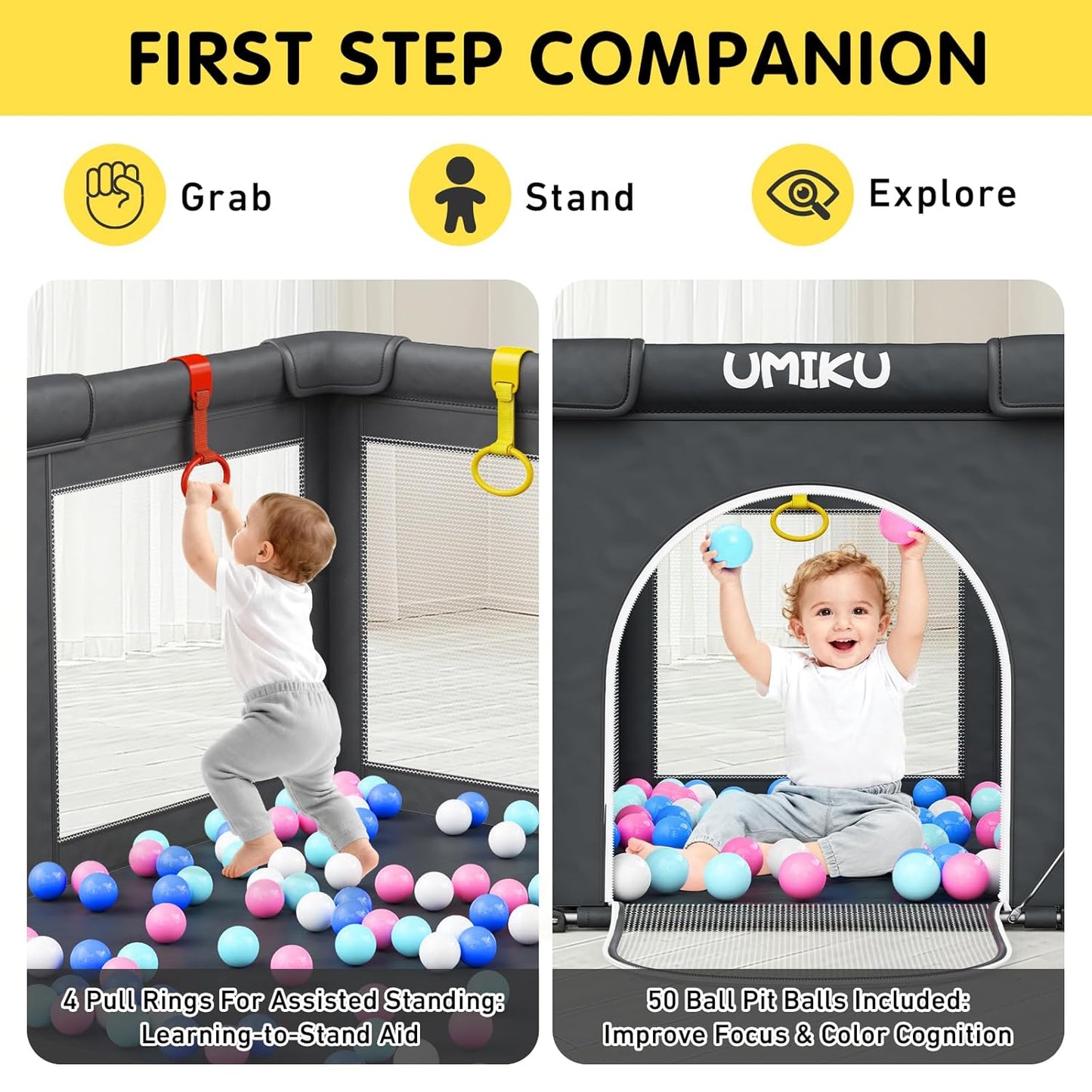 Skiennix Foldable Baby Playpen - Large Portable Play Yard for Indoor/Outdoor Use | 50" x 50" Dark Grey