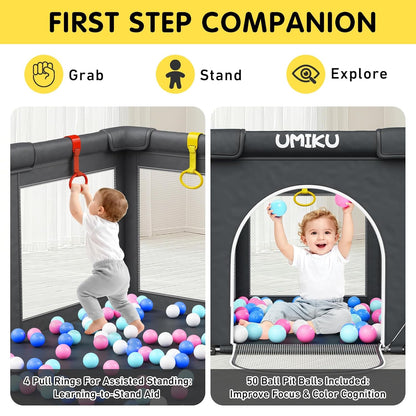 Skiennix Foldable Baby Playpen - Large Portable Play Yard for Indoor/Outdoor Use | 50" x 50" Dark Grey