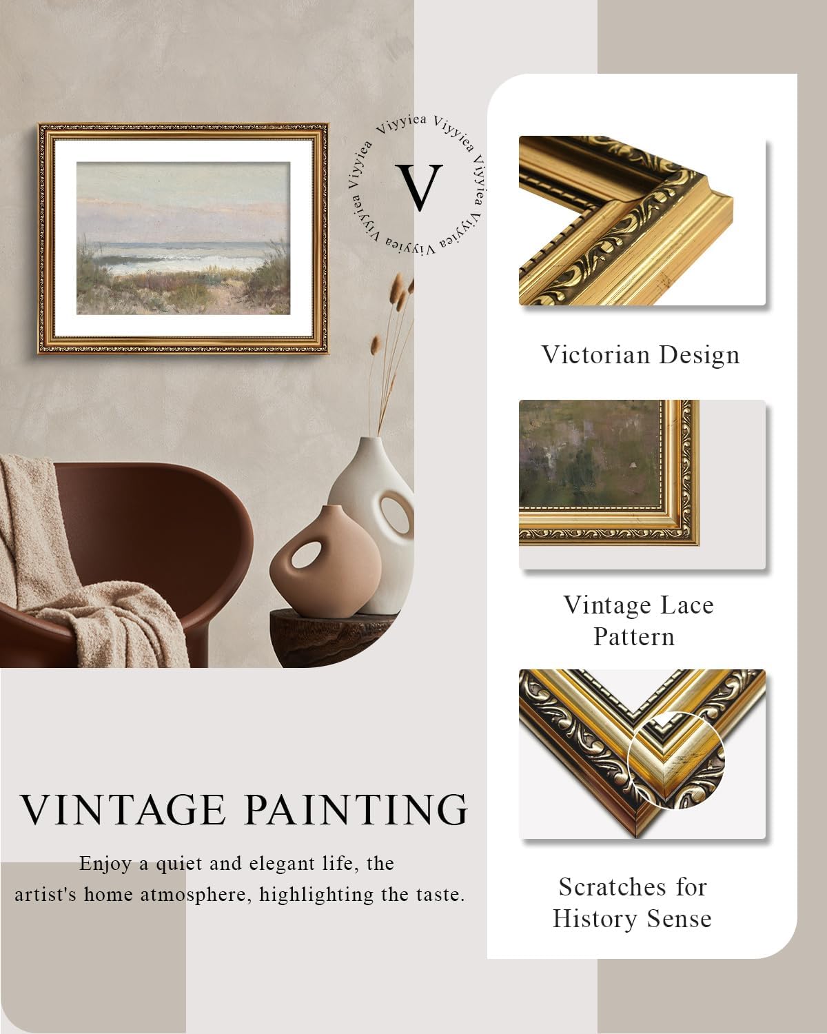 VIYYIEA Gold Framed Canvas Wall Art - Classical Coastal Scenery for Home Decor | 16x20in
