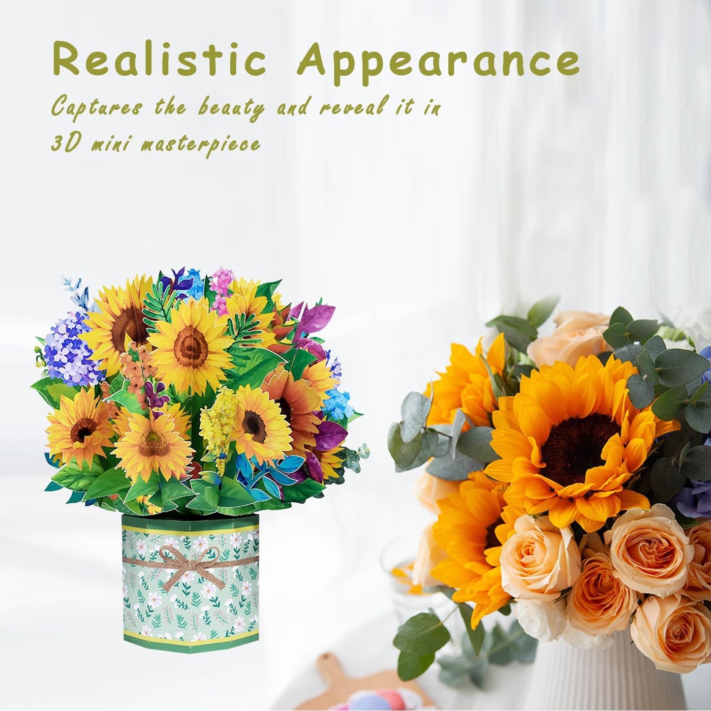 ROBBEAR 3D Sunflower Bouquet Pop-Up Card - Handmade Greeting Card for Birthdays, Anniversaries & More