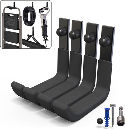 Skiennix Garage Storage Hooks - Heavy Duty Steel Wall Mount Ladder Hangers | 4 Pack, 88 lbs Capacity