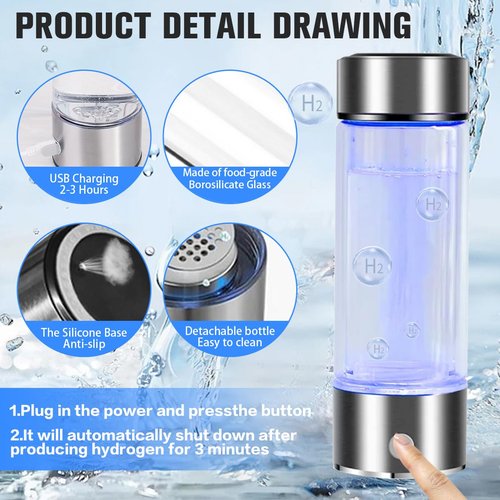 AliveBlue Hydrogen Water Bottle, Hydrogen Water Bottle Generator, Hydrowave Hydrogen Water Bottle, Portable Hydrogen Ionizer Water Bottle Machine, for Home, Office,Travel (1PCS)