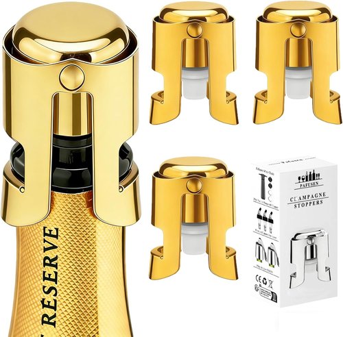 Champagne Stoppers for Bottles, Pafusen Champagne Sealer Stopper, Stainless Steel Champagne Cork Stopper Toppers, Saver for Champagne Cava Prosecco Sparkling Wine (Champagne -3-Pack- Gold)