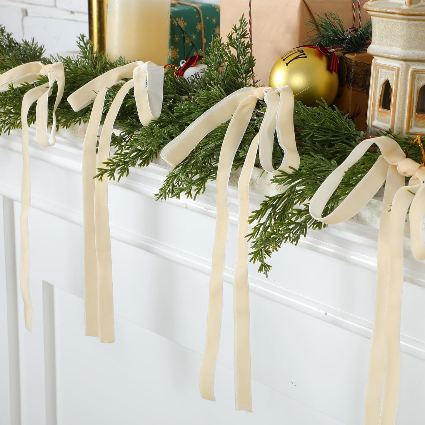 Beige Velvet Bows by [Brand Name] - 24 Pcs Christmas Tree Ornaments | Perfect for Home Decor & Weddings (9 x 13 Inch, 5/8 Inch Width)