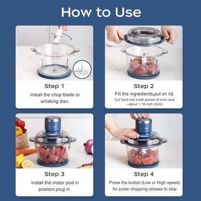 La Reveuse Food Processor - 7-Cup Electric Chopper with 4 Bi-Level Blades | 300W, Blue Glass Bowl