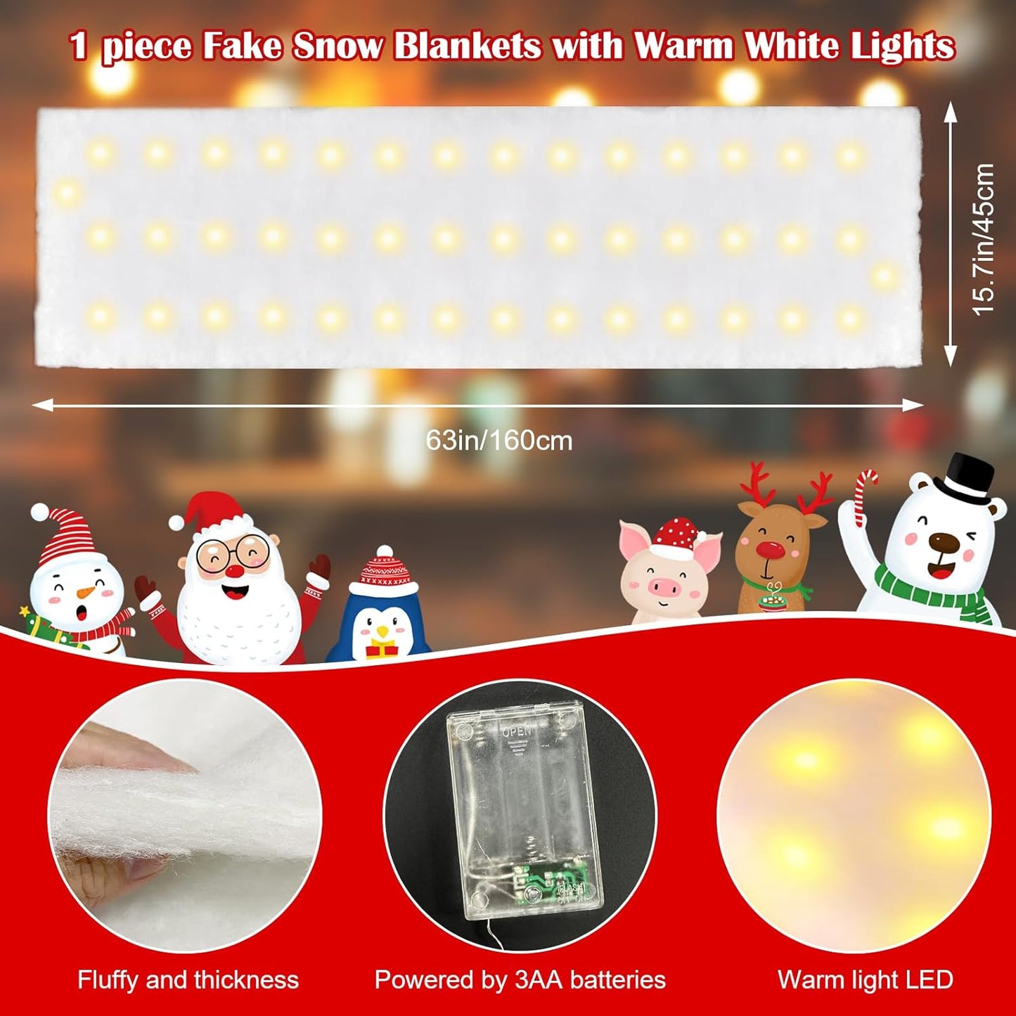 Skiennix Christmas Snow Blanket - 1.3x5.25 Ft Faux Snow Roll with 50 LED Lights | Perfect for Winter Village Displays
