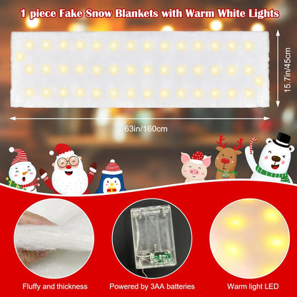 Skiennix Christmas Snow Blanket - 1.3x5.25 Ft Faux Snow Roll with 50 LED Lights | Perfect for Winter Village Displays