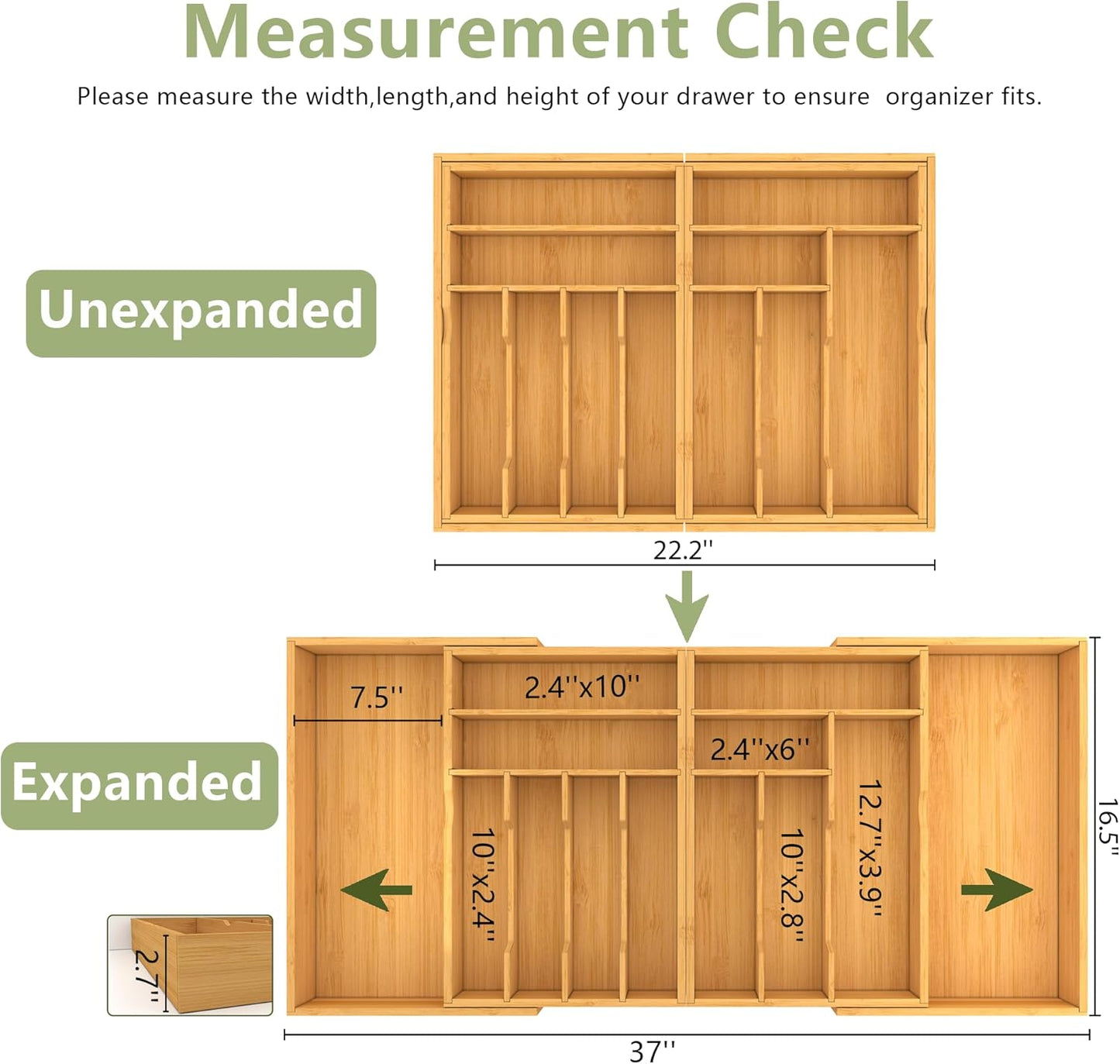 Suli Silverware Drawer Organizer - Adjustable Bamboo Utensil Holder for Forks, Knives & Spoons | Expandable 22in-37in