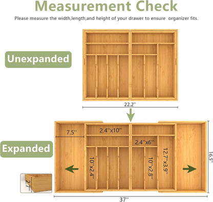 Suli Silverware Drawer Organizer - Adjustable Bamboo Utensil Holder for Forks, Knives & Spoons | Expandable 22in-37in