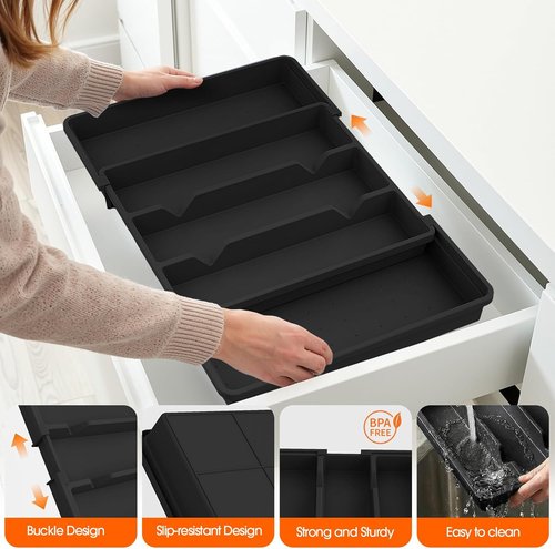Large Silverware Organizer - Expandable Utensil Drawer Tray | BPA-Free Cutlery Storage in Black