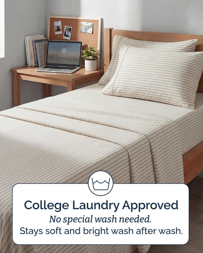 Skiennix Extra Deep Twin XL Sheet Set - 4-Piece Breathable Cooling Bedding - Soft Wrinkle-Free Beige Stripes