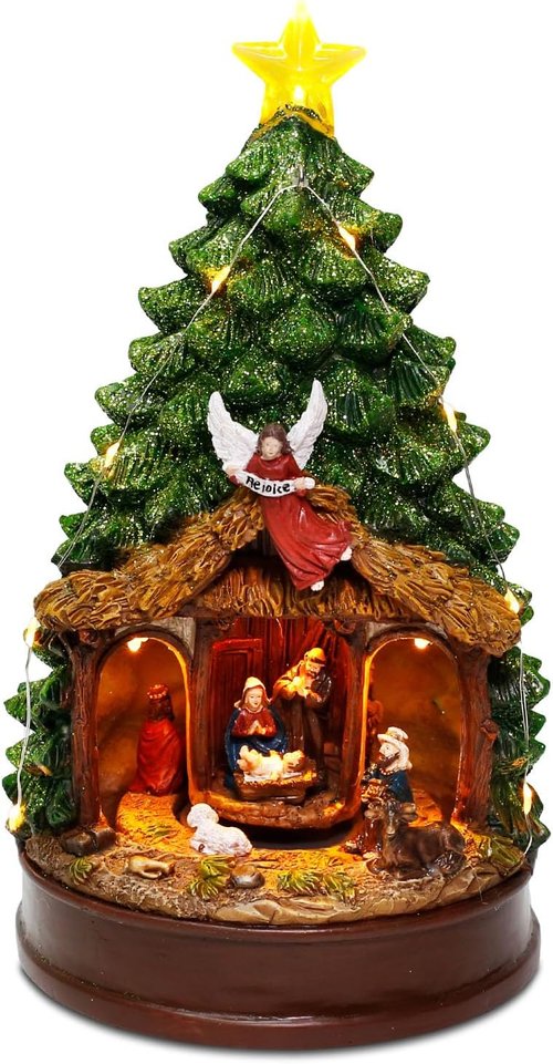 Innodept12 Christmas Tree Rotating Nativity Scene Figurines - Animated Holiday Decoration with Music & Collectible Tabletop Design, 9.84" Tall