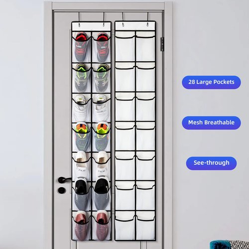 KEEPJOY Over the Door Shoe Organizer, Hanging Shoe Organizer with 4 Hooks, Shoe Holder with 14 Mesh Pockets Closet Door Shoe Storage Bag (White-2Pack)