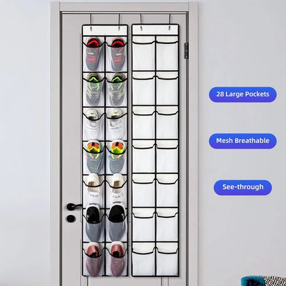 KEEPJOY Over the Door Shoe Organizer, Hanging Shoe Organizer with 4 Hooks, Shoe Holder with 14 Mesh Pockets Closet Door Shoe Storage Bag (White-2Pack)