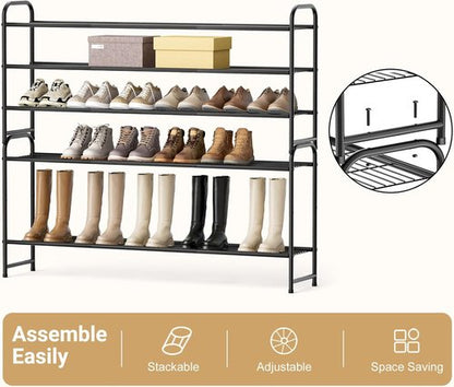 KEETDY 3-Tier Long Shoe Rack - Sturdy Metal Organizer for Entryway | Stackable Black Storage Shelf