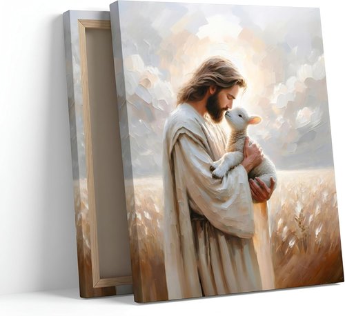 Jesus Holding Lamb Canvas Wall Art - Framed Christian Decor for Home | 12x16in Good Shepherd Painting