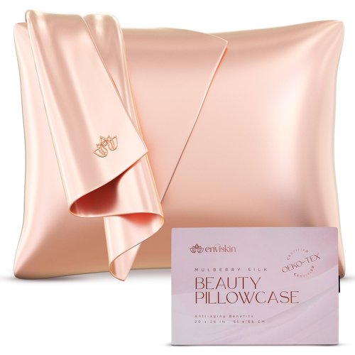 ENVISKIN 100% Mulberry Silk Pillowcase Infused with Silver Ions - Pure 22 Momme Grade 6A Fibers for Beautiful Skin and Hair - Cooling Pillow Case Protector with Zipper