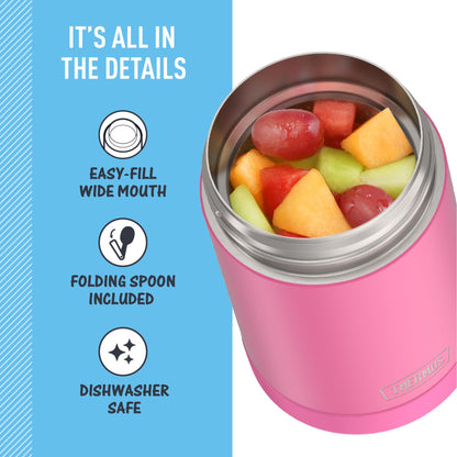 THERMOS FUNTAINER 16 Ounce Stainless Steel Vacuum Insulated Food Jar with Folding Spoon, Neon Pink