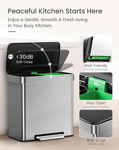 Cesun GreenGrin Dual Compartment Kitchen Trash Can - 2x8 Gallon Stainless Steel Garbage Bin with Lid & Recycling Flap | 30L Each
