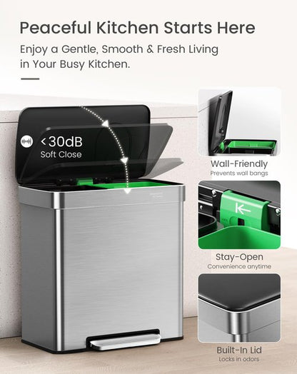 Cesun GreenGrin Kitchen Trash Can, 2x8 Gallon Dual Compartment Trash and Recycle Bin Combo, Double Stainless Steel Step Garbage Can with Lid,Recycling Push Flap,Removable Inner Buckets,30L+30L(Sliver)