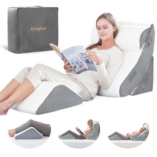 Kingfun 4PCS Orthopedic Bed Wedge Pillow Set for Sleeping, Post Surgery Memory Foam Support Pillows for Back, Neck and Leg Pain Relief, Adjustable Triangle Pillow - Acid Reflux, Anti Snoring & GERD