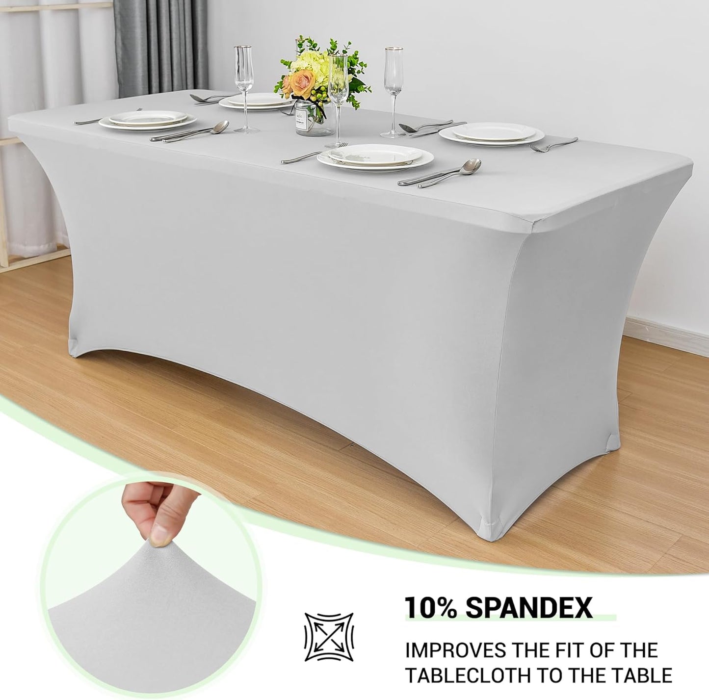 Obstal 6 Pack Stretch Spandex Table Covers - 6 FT Rectangular Fitted Tablecloths for Weddings & Parties | Silver