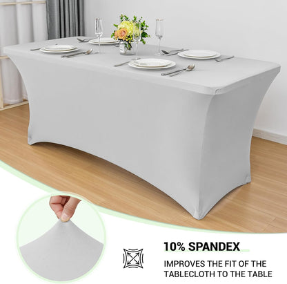 Obstal 6 Pack Stretch Spandex Table Covers - 6 FT Rectangular Fitted Tablecloths for Weddings & Parties | Silver