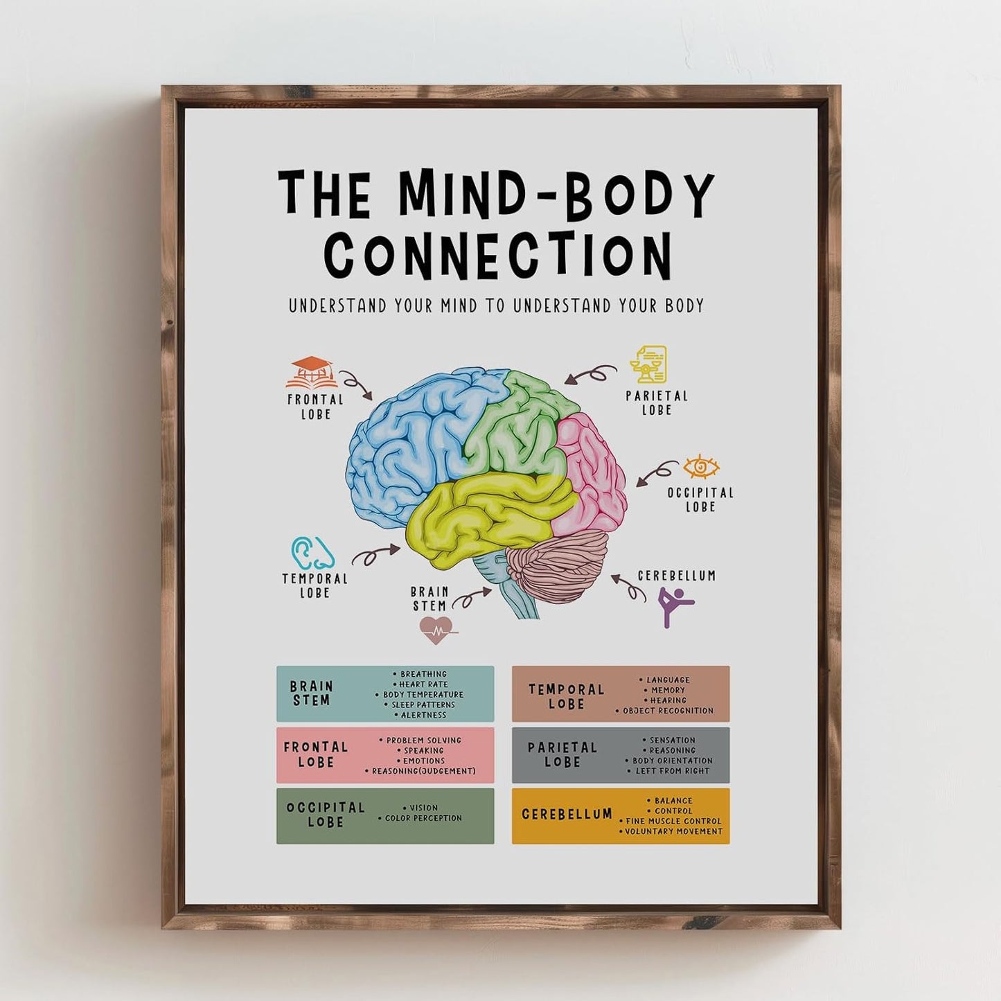 Mind Body Connection Poster - Human Brain Anatomy Print for Therapy Office Decor | 8x10 Inch Unframed