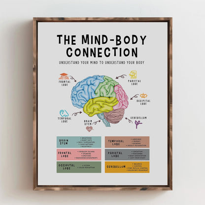 Mind Body Connection Poster - Human Brain Anatomy Print for Therapy Office Decor | 8x10 Inch Unframed
