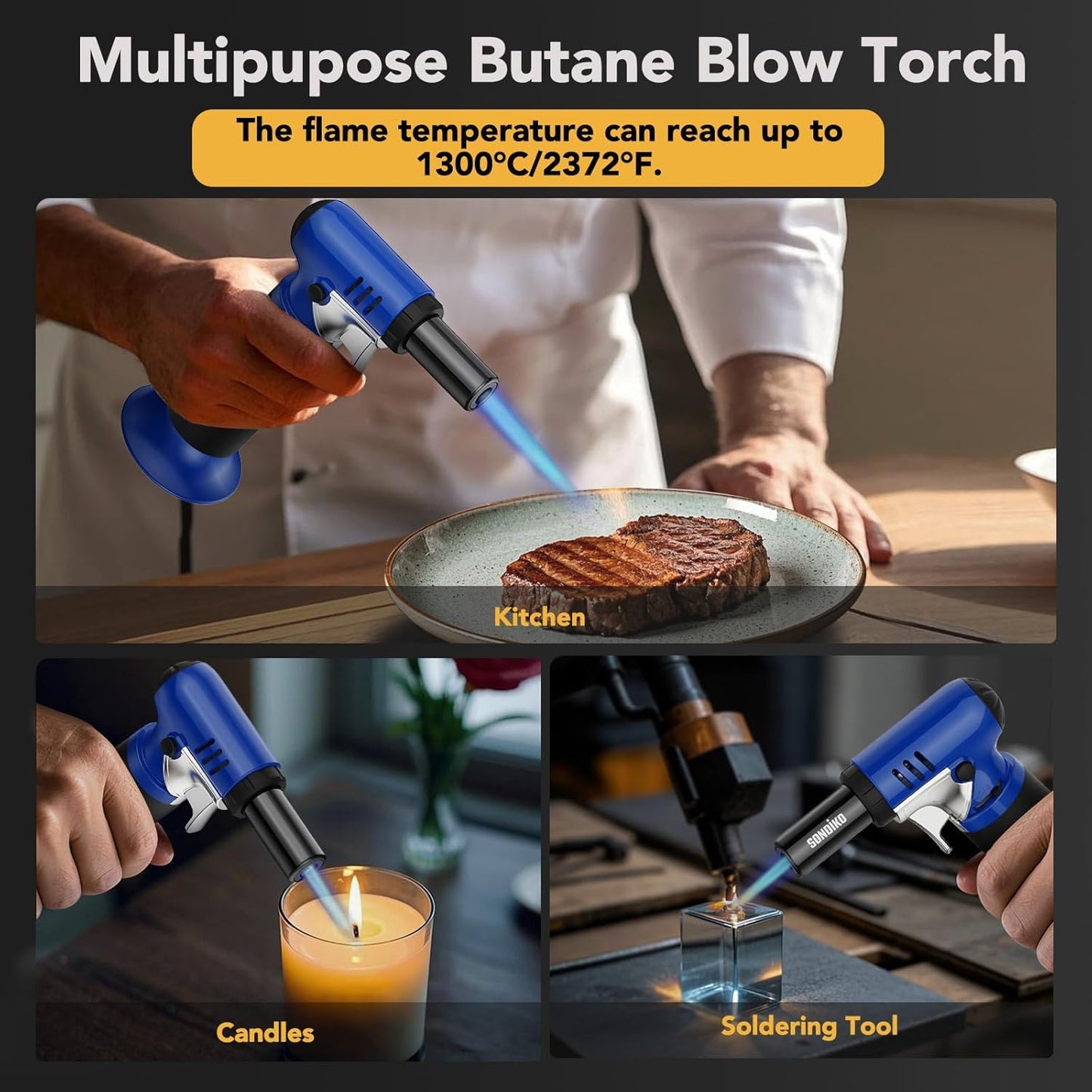 Sondiko Butane Torch Lighter - Refillable Soldering Tool with Adjustable Flame & Visible Fuel Window