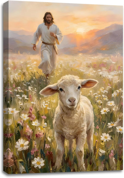 SIXWOOD Canvas Wall Art - Jesus Seeking Lost Sheep | Framed Christian Decor for Living Room, 12x16 in