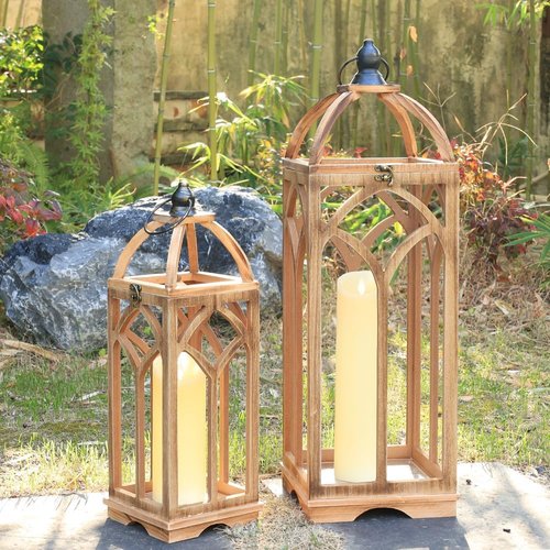DECORKEY Large Wooden Lantern Set - Rustic Indoor & Outdoor Candle Holders | 30’’/20’’H, Natural Wood Finish